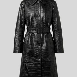 Manteau en cuir noir à motif crocodile, veste longue en cuir ceinturée, manteau de voiture fait main, manteau texturé de luxe, vêtement d'extérieur inspiré du trench-coat