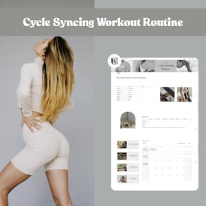 Può includere: Una donna in un completo da allenamento beige a coste posa accanto a un'interfaccia di pianificazione digitale. L'interfaccia mostra il testo "Cycle Syncing Workout Routine" e presenta un calendario e dettagli di allenamento. L'estetica generale è pulita e moderna.
