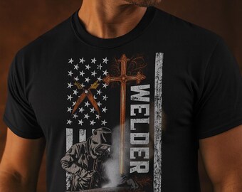 American Welder T-Shirt: USA Flag Christian Cross, Patriotic Gift