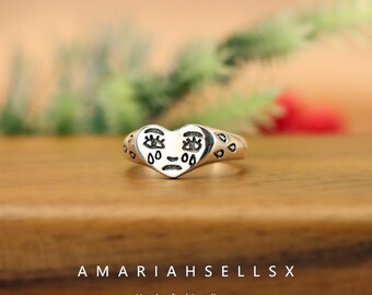 S925 Sterling Silver Crying Face Emotional Heart Mood Ring Unique Creative Design