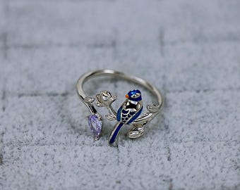 925 Sterling Silver Ring, Original Design Blue Little Bird Ring.