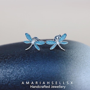 S925 Sterling Silver Earrings, Blue Oil-drop Dragonfly Earrings, Insect Earrings.