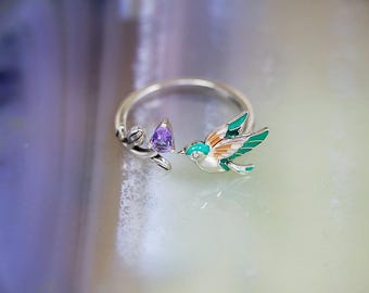 S925 Sterling Silver Ring, Kingfisher Ring with Oil-drop Technique, Colorful Little Bird Ring.