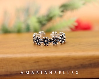S925 Sterling Silver Vintage Minimalist Daisy Flower Adjustable Ring