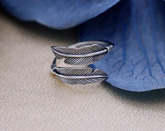 S925 Sterling Silver Feather Ring, Vintage Hip-hop Ring