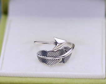 S925 Sterling Silver Feather Ring, Vintage Hip-hop Ring