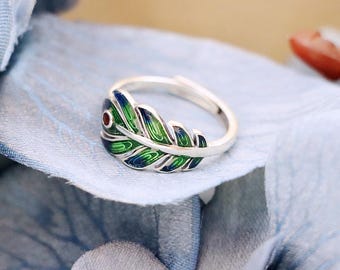 S925 Sterling Silver Vintage Resin-coated Colorful Peacock Feather Ring.