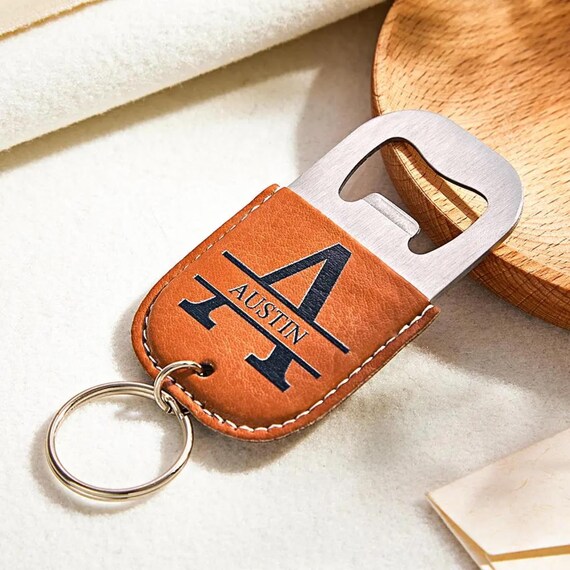 Engraved Leather Bottle Opener Keychain: Personalized Dad Gift