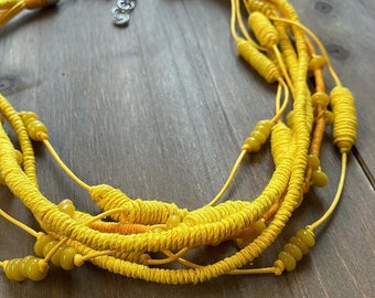 Wearable Art  Necklace, Multi-Strand Necklace, Linen Necklace, Linen Cord Necklace, Yellow Necklace, Linen Cord