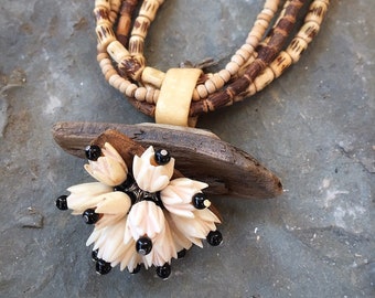 Natural Wood Rustic Bone Driftwood Necklace ,Eco Friendly Necklace, Natural Beads, Bone Beads, Wood Beads