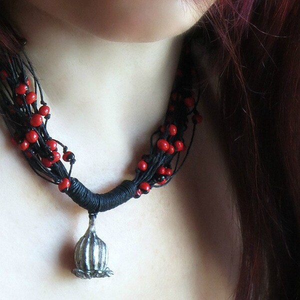 Linen Necklace, Huayruro Necklace, Multy Strand Necklace, Poppy Pod Pendant, Red and Black