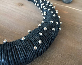 Linen Black Necklace, Bib Necklace, Art Necklace, Black and Silver, Boho Necklace, Linen Cord