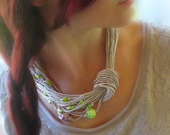Linen Necklace, Ceramic Beads, Bone Beads, Natural Jewelry, Boho Style