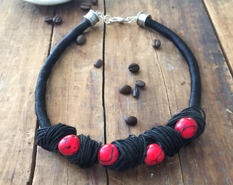 Linen Necklace, Tagua Nut Necklace, Boho Necklace, Red Tagua Nut Beads, Linen Cord, Natural Jewelry, Statement Necklace