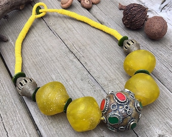 Chunky Ethnic Statement Exotic Bold Necklace, Linen Necklace, Handmade Beads