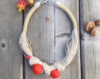 Tagua Nut Necklace, Natural Necklace, Boho Necklace, Asymmetrical Necklace, Linen Necklace, Natural Jewelry, Linen Cord, Natural Beads