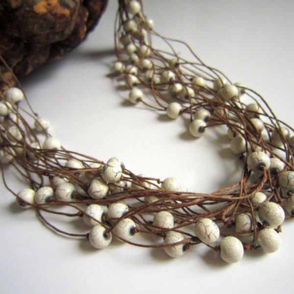White Glass Crackled Beads On The Linen Cords, Necklace