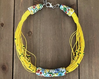 Linen Ceramic Necklace, Natural Necklace, Linen Jewellery , Linen Cord , Art Necklace Yellow Necklace