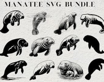Manatee SVG PNG Bundle, Cute Manatee Clipart, Kawaii Manatee Illustrations for Cricut, Vector Sea Animal Designs for T-shirts