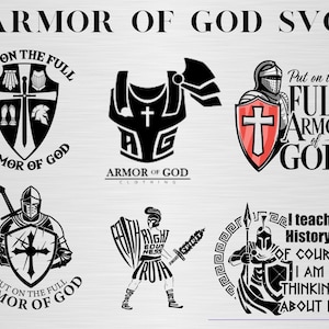May include: A collection of black and white vector illustrations of the Armour of God. The images include a shield with a cross, a knight in armour, and a chest plate with a cross. The text "Put on the Full Armour of God" is included in several of the images.