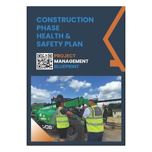 Può includere: Un documento di piano di salute e sicurezza in fase di costruzione con un codice QR e il testo "Project Management Blueprint". L'immagine mostra anche due persone con giubbotti di sicurezza in piedi vicino a un telescopico JCB verde.