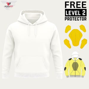 May include: A white hooded sweatshirt with a front pocket and a drawstring hood. The image includes a graphic of a yellow Level 2 protector and the text "FREE LEVEL 2 PROTECTOR". The Romfit Sports logo is in the upper left corner.