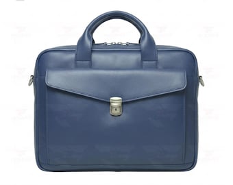 Maletín azul de piel auténtica para portátil – maletín de trabajo artesanal (para portátiles de 15 pulgadas)
