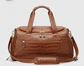 Luxury Crocodile Embossed Brown Leather Duffel Bag 22" Travel & Gym Shoe Compartment, by RomfitSports