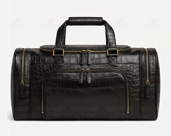 Men's Black Crocodile Leather Duffel Bag: Handmade Weekender Travel Bag