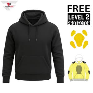 May include: A black hoodie with a drawstring hood and a kangaroo pocket. The image also shows a yellow Level 2 protector and a diagram of a yellow jacket with protective padding. The text "FREE LEVEL 2 PROTECTOR" is displayed.