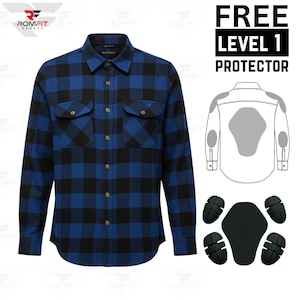 May include: Blue and black plaid button-down shirt with two chest pockets. The image includes a diagram of a Level 1 protector and the text "FREE LEVEL 1 PROTECTOR".