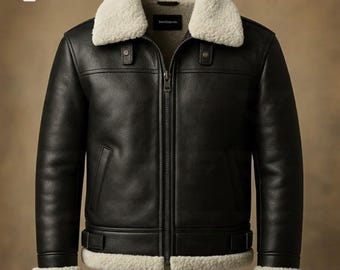 Men's Black Real Leather B3 Bomber Jacket with Shearling Collar – Winter Aviator Coat