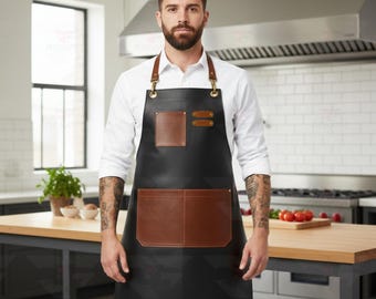 Handmade Leather Apron with Black Pockets – Kitchen, Workshop, Garden, Butcher, woodworking