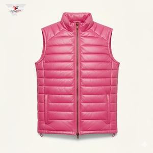Chaleco acolchado de cuero rosa para mujer: sin mangas, de cuero auténtico acolchado, estilo vintage, para invierno.