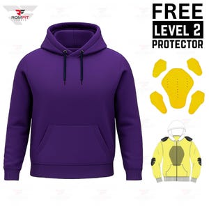 May include: A solid purple hoodie with a front pocket and drawstring hood. The image also shows a yellow Level 2 protector and a diagram of a jacket with the protector.