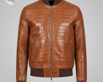 Luxury Crocodile Embossed Bomber | Tan Brown Designer Outerwear for Men