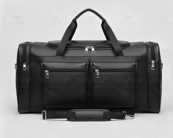Men Black Leather Duffel Bag 24" Travel Weekender, Carry-On Gym Bag, Shoulder Strap Handmade