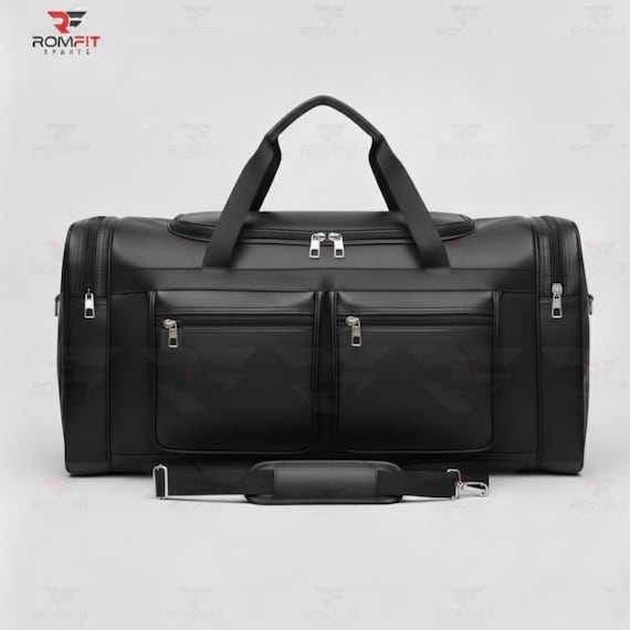 Men Black Leather Duffel Bag 24" Travel Weekender, Carry-On Gym Bag, Shoulder Strap Handmade