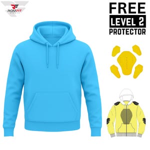 May include: A light blue hoodie with a front pocket and drawstring hood. The image includes a graphic of a yellow protective insert and a diagram of a yellow and black jacket. Text in the image reads "FREE LEVEL 2 PROTECTOR".