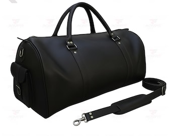 Herren Schwarz Leder Seesack: 24-Zoll-Vollkorn-Rindleder Weekender, Reisen, Sport-Fitnessstudio