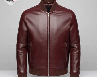 Men’s Brown Leather Bomber Jacket – Classic Flight Style with Ribbed Trim & Smooth Finish
