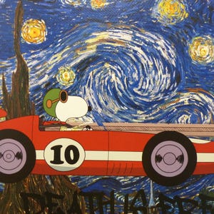 Litografia DEATH NYC "FRAMED" edição limitada "Carro de corrida Snoopy com fundo de Van Gogh", selo 3D, certificado C.O.A.