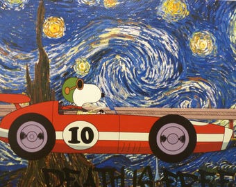 DEATH NYC &quot;FRAMED&quot; lithograph limited edition &quot;Snoopy Racecar with van Gogh background&quot; 3D seal, certificate C.O.A..