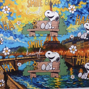 Litografia DEATH NYC "FRAMED" edição limitada "Snoopy Risonho em Paris no Sena" selo 3D, C.O.A. certificado