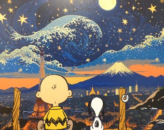 DEATH NYC &quot;FRAMED&quot; Lithograph limited edition &quot;SnoopyWoodstock with Fujiyama background&quot; 3D seal, C.O.A. certificate
