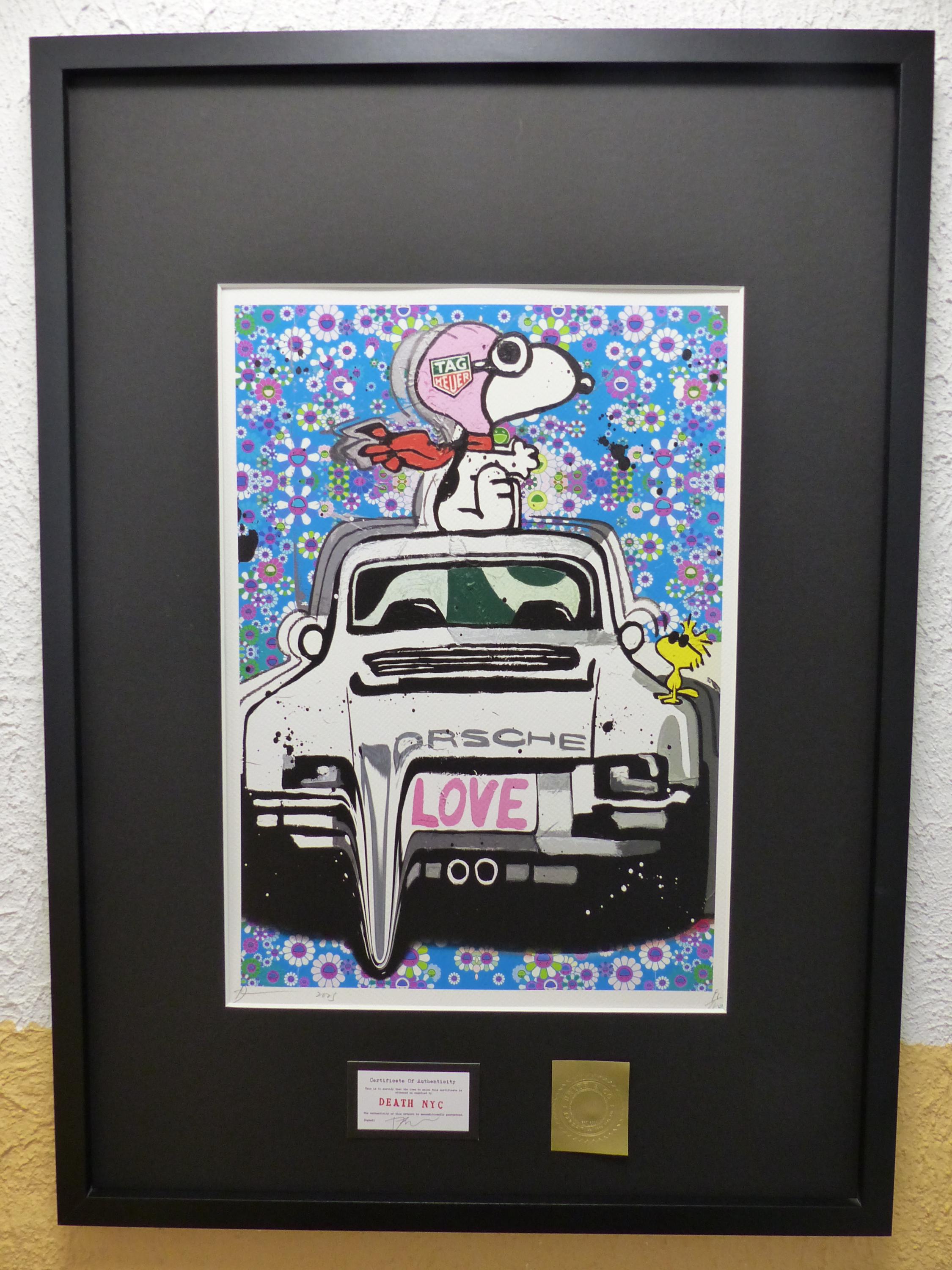 DEATH NYC "in a valuable wooden frame" lithograph limited edition "Porsche with Murakami background" 3D seal, certificate C.O.A.