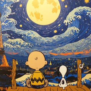DEATH NYC "FRAMED" Litografia edição limitada "Charly Brown e Snoopy na Torre Eiffel", C.O.A. certificado, selo 3D