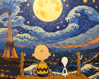 DEATH NYC &quot;FRAMED&quot; Lithograph limited edition &quot;Charly Brown and Snoopy at the Eiffel Tower&quot;, C.O.A. certificate, 3D seal