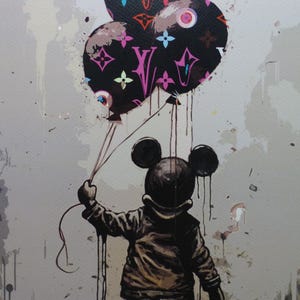 Edição limitada emoldurada com acabamento litográfico DEATH NYC "Mickey Mouse com balões Louis Vuitton cinza", selo 3D, C.O.A. certificado