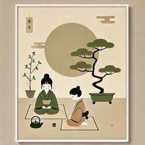 Op de afbeelding: Een ingelijste kunstdruk met een minimalistische Japanse theeceremonie. Twee figuren in traditionele kledij zitten op matten, met een bonsai-boom, een theeset en een grote zon op de achtergrond. Het kleurenpalet omvat tinten groen, bruin en beige.
